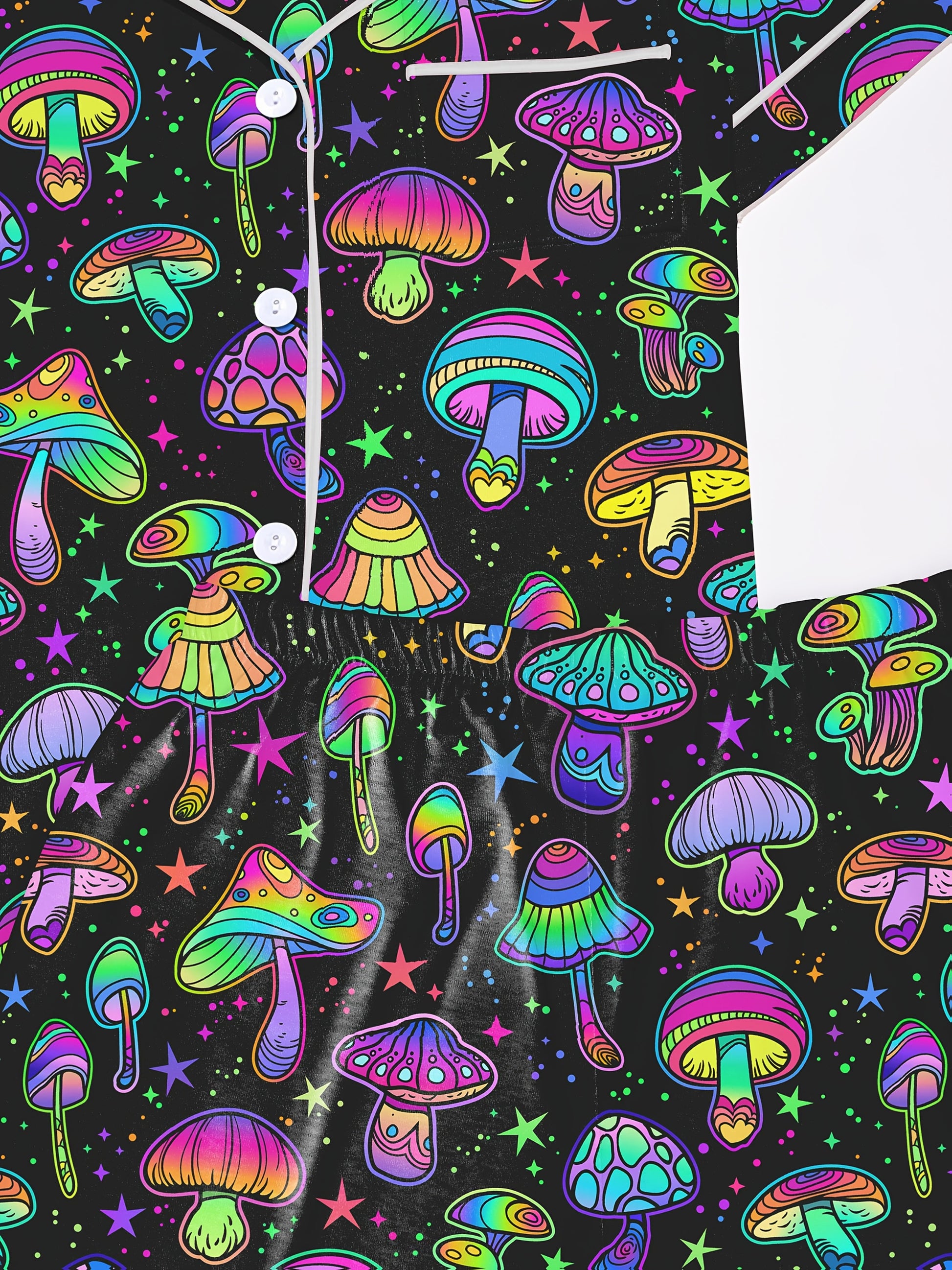 Black modal short‑sleeve pajama set with neon mushroom and star print — button top and elastic waist shorts with contrast piping