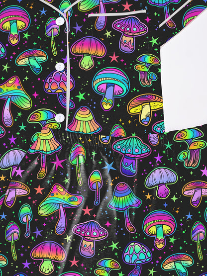 Black modal short‑sleeve pajama set with neon mushroom and star print — button top and elastic waist shorts with contrast piping