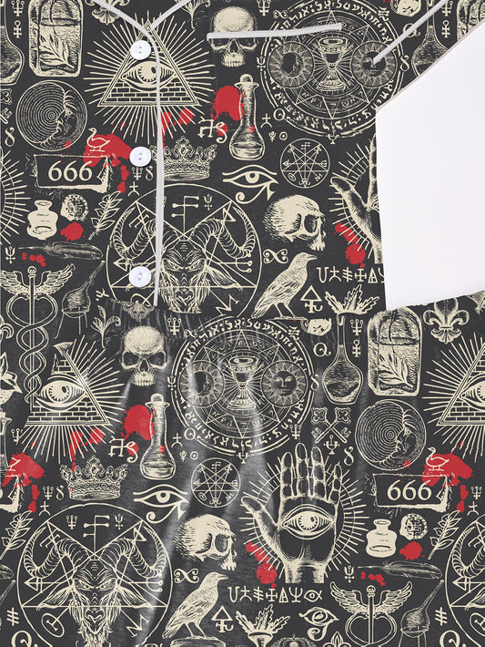 Dark occult print modal pajama set with skulls, sigils and mystic hands — short sleeve button top and elastic waist shorts with piping