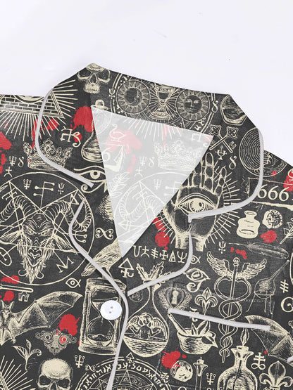 Dark occult print modal pajama set with skulls, sigils and mystic hands — short sleeve button top and elastic waist shorts with piping