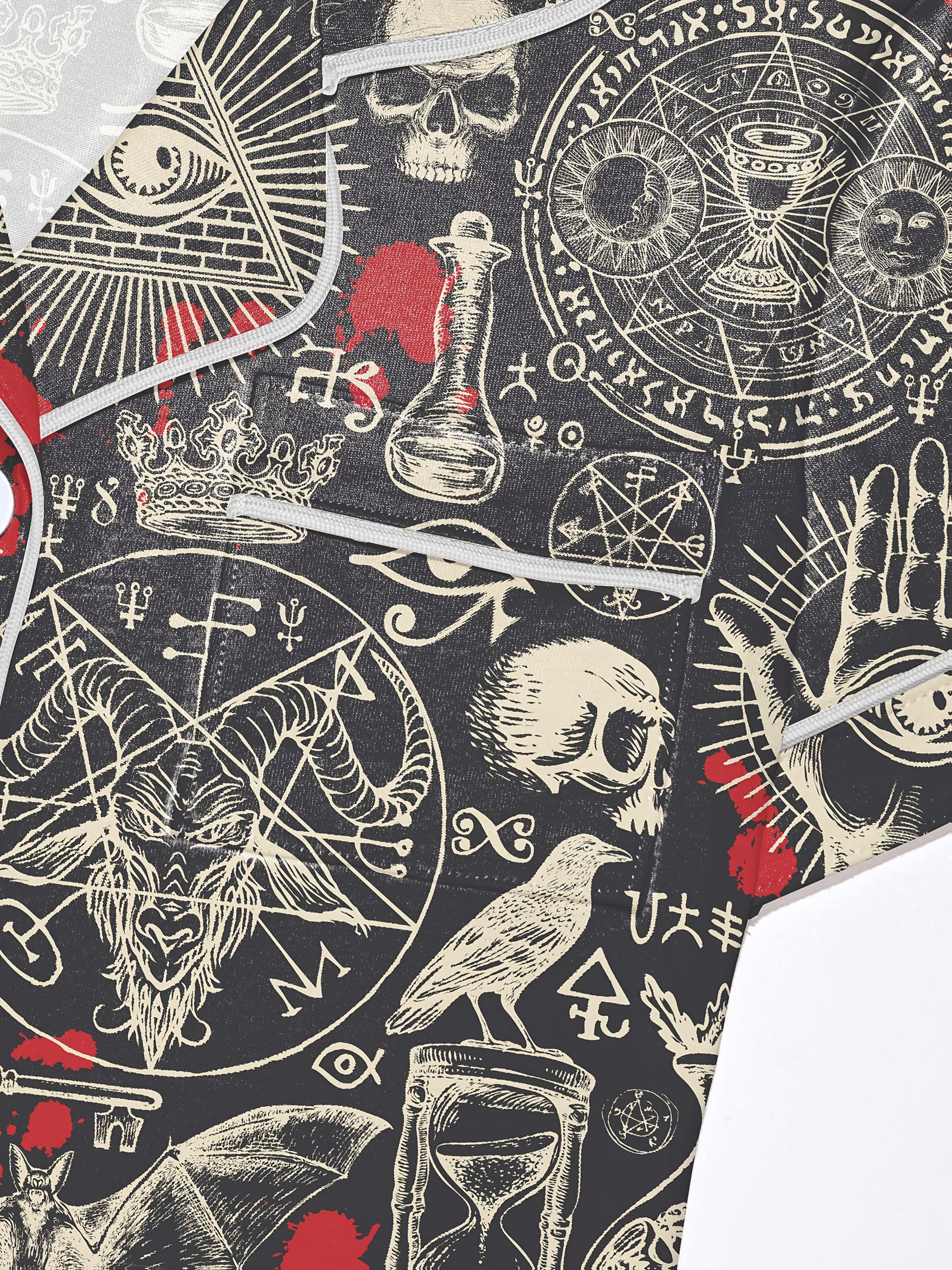 Dark occult print modal pajama set with skulls, sigils and mystic hands — short sleeve button top and elastic waist shorts with piping