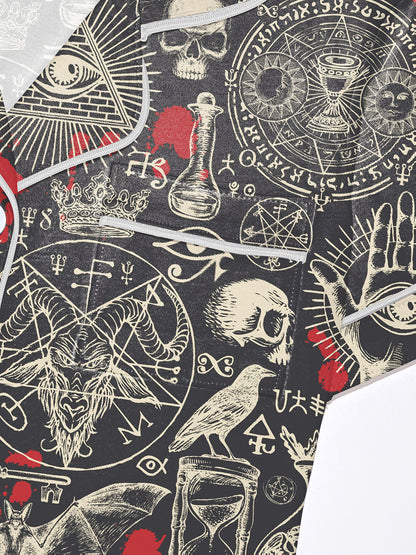 Dark occult print modal pajama set with skulls, sigils and mystic hands — short sleeve button top and elastic waist shorts with piping