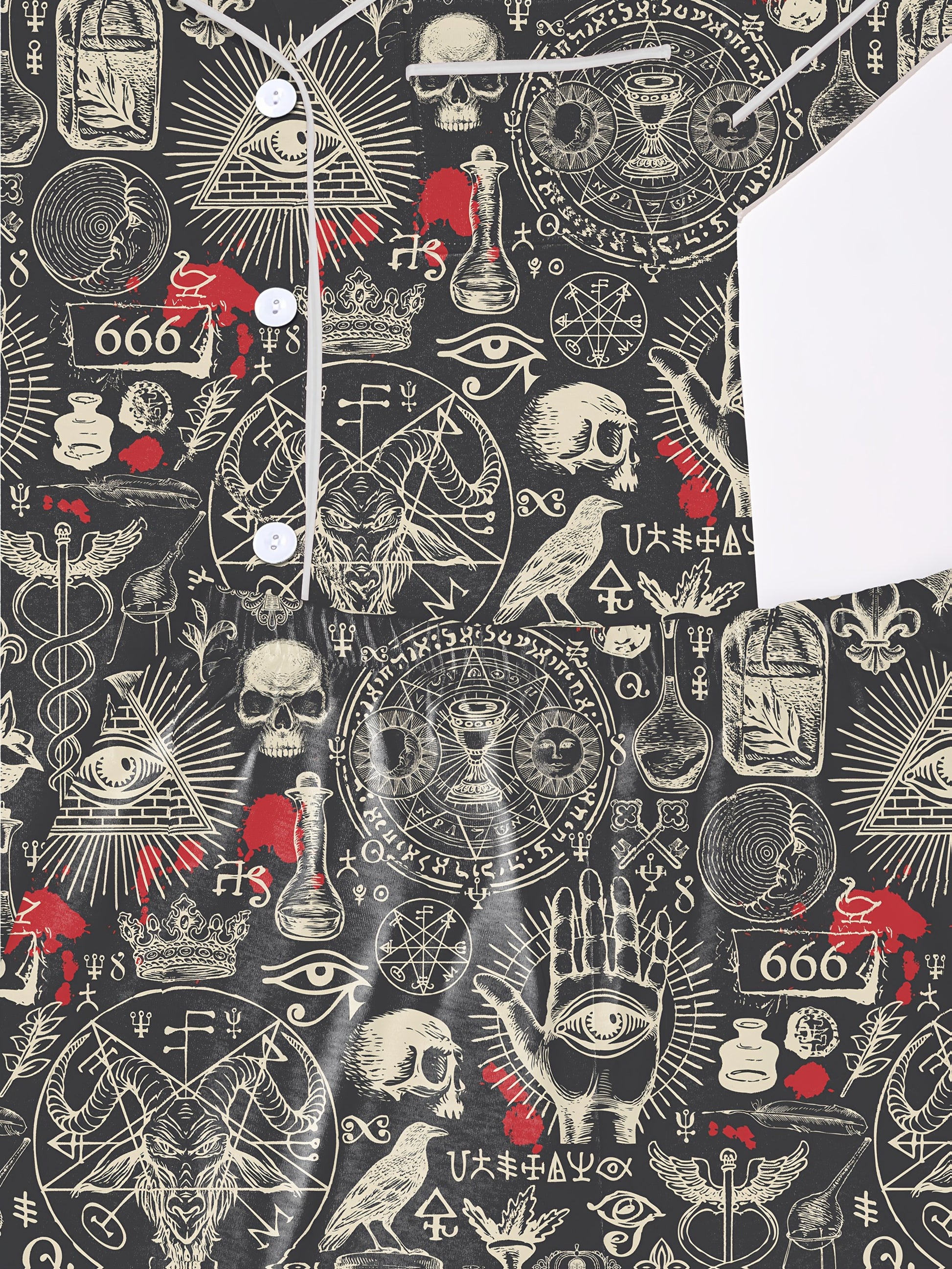 Dark occult print modal pajama set with skulls, sigils and mystic hands — short sleeve button top and elastic waist shorts with piping