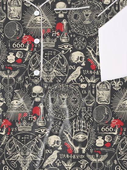 Dark occult print modal pajama set with skulls, sigils and mystic hands — short sleeve button top and elastic waist shorts with piping