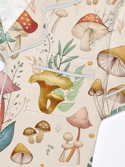 Cream mushroom watercolor print modal pajama set — short‑sleeve button top and elastic waist shorts with piping