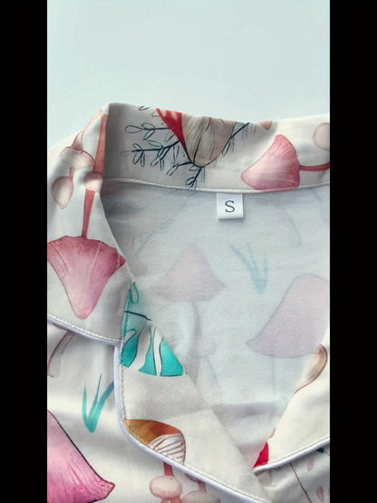 Cream mushroom watercolor print modal pajama set — short‑sleeve button top and elastic waist shorts with piping