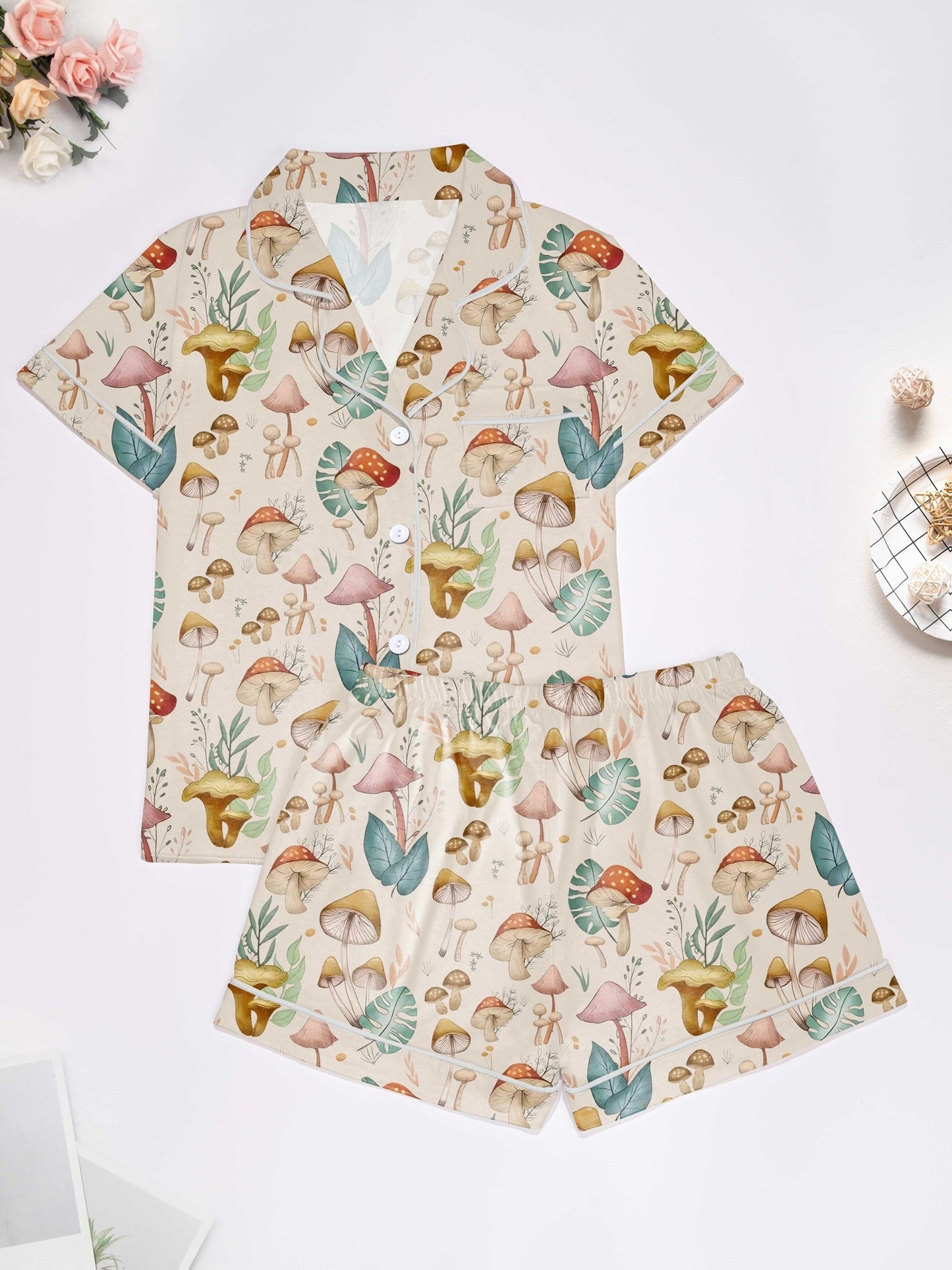 Cream mushroom watercolor print modal pajama set — short‑sleeve button top and elastic waist shorts with piping