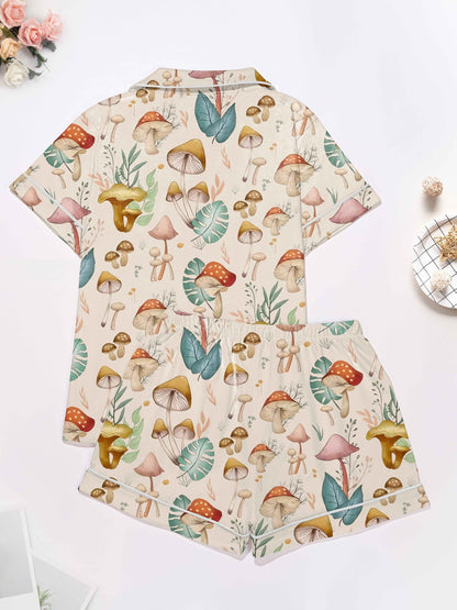 Cream mushroom watercolor print modal pajama set — short‑sleeve button top and elastic waist shorts with piping