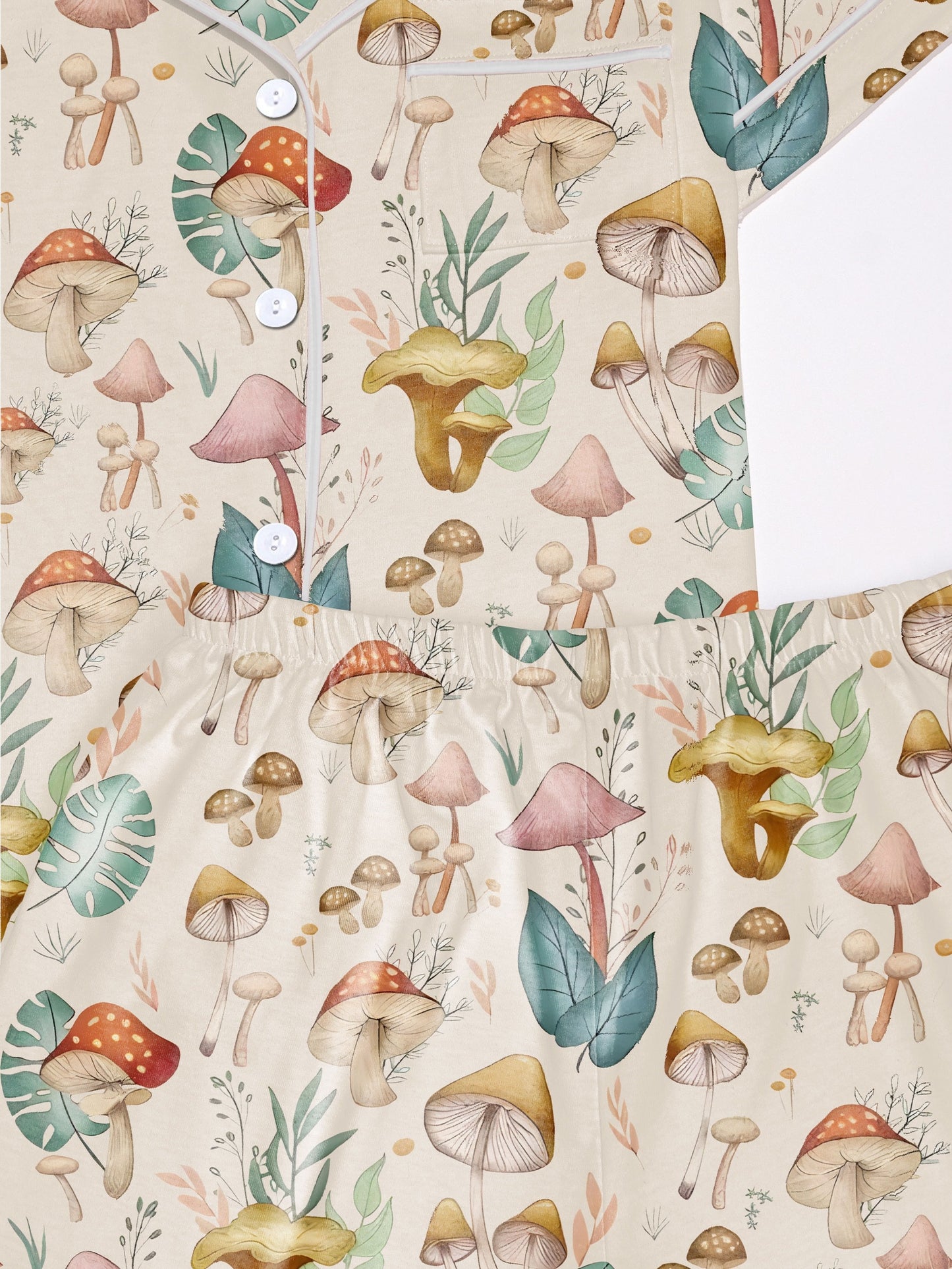 Cream mushroom watercolor print modal pajama set — short‑sleeve button top and elastic waist shorts with piping