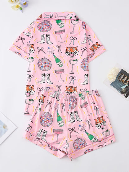 Pink satin-look short-sleeve pajama set with party tiger print, piped trim, chest pocket and elastic waist shorts in 95% Polyester 5% Elastane