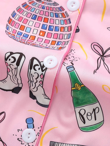 Pink satin-look short-sleeve pajama set with party tiger print, piped trim, chest pocket and elastic waist shorts in 95% Polyester 5% Elastane