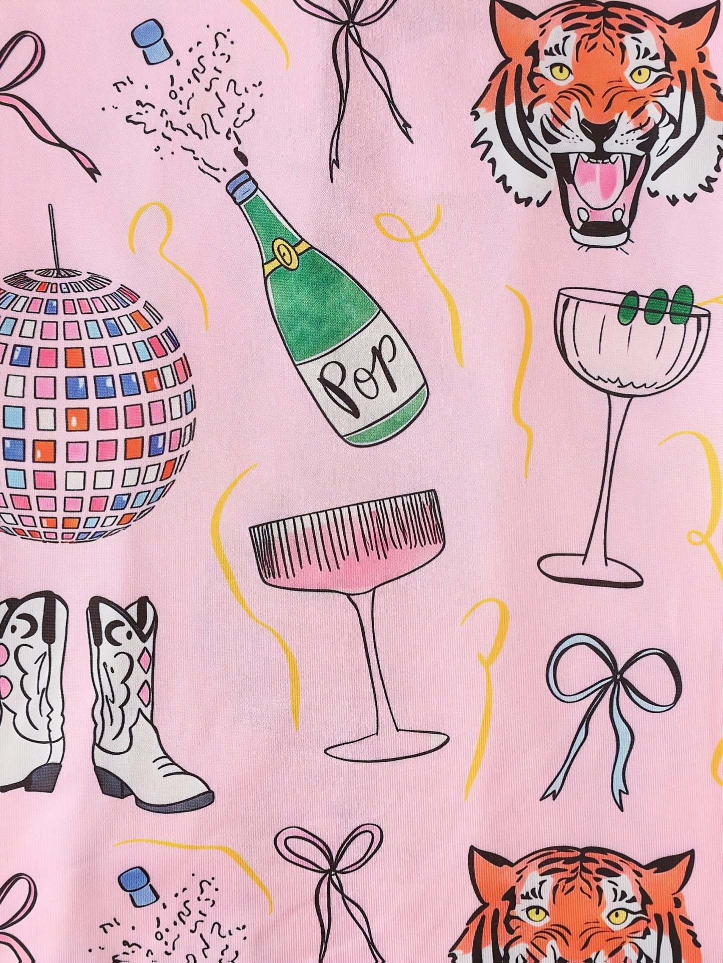 Pink satin-look short-sleeve pajama set with party tiger print, piped trim, chest pocket and elastic waist shorts in 95% Polyester 5% Elastane