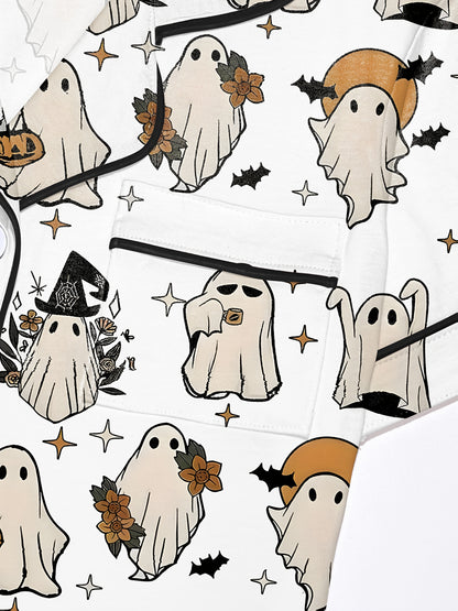 Satin‑look pajama set with cute ghost illustrations holding pumpkins, wearing flower crowns and tiny witch hats — short‑sleeve button‑up top with chest pocket and elastic waist shorts