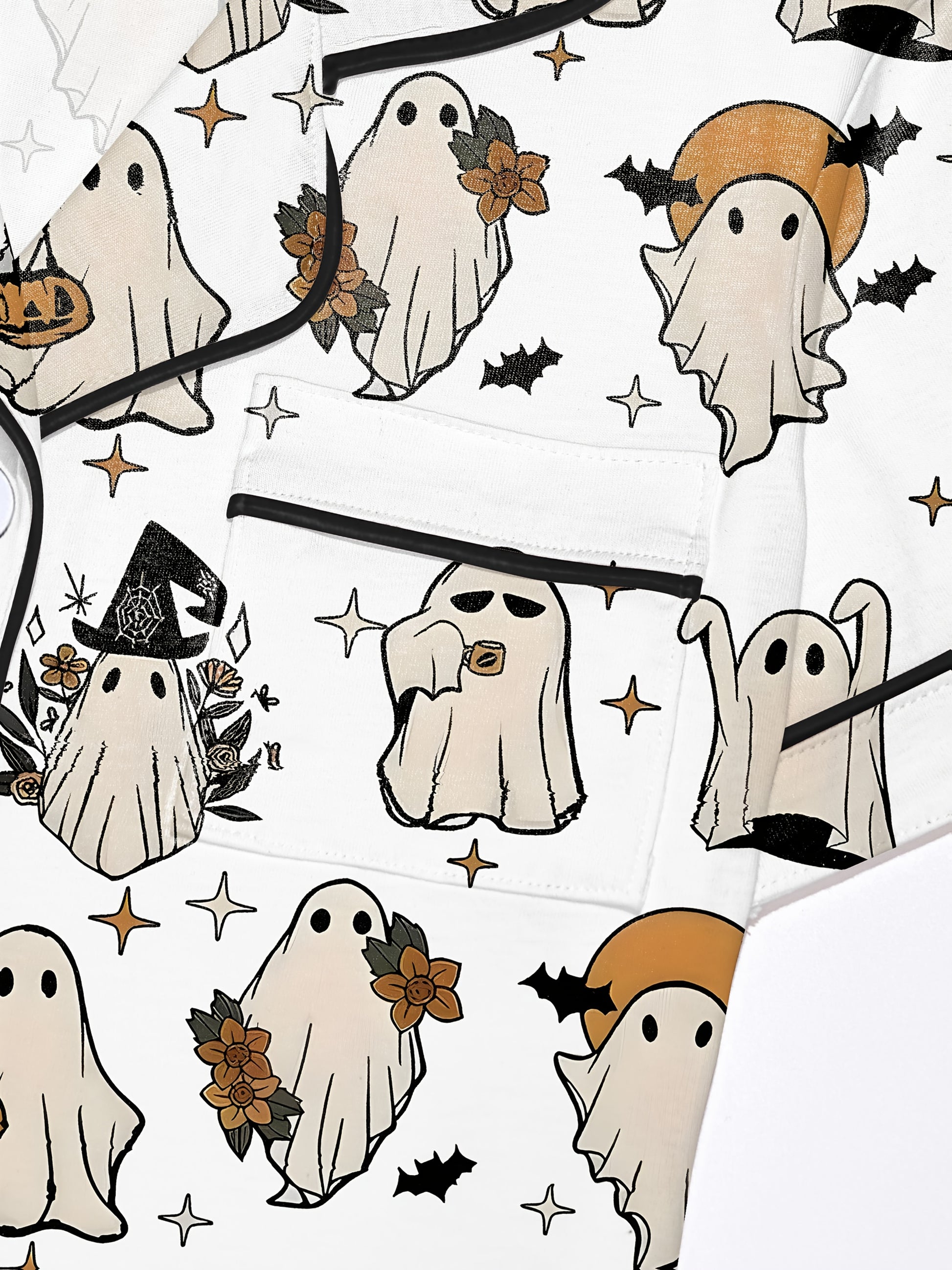 Satin‑look pajama set with cute ghost illustrations holding pumpkins, wearing flower crowns and tiny witch hats — short‑sleeve button‑up top with chest pocket and elastic waist shorts