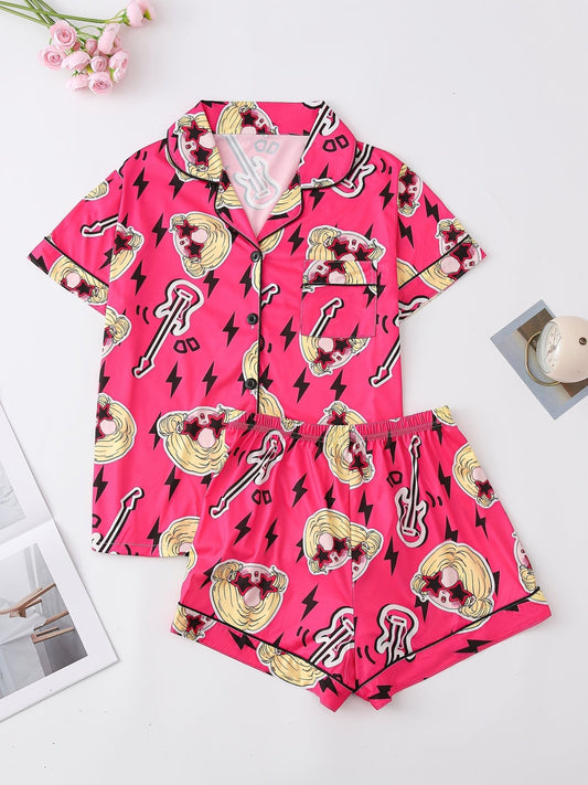 Bright pop-pink satin-look short-sleeve pajama set with guitar and star-sunglasses print, piped trim, chest pocket and elastic waist shorts in 95% Polyester 5% Elastane — silky stretch travel-ready loungewear