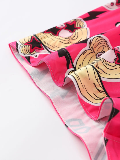 Bright pop-pink satin-look short-sleeve pajama set with guitar and star-sunglasses print, piped trim, chest pocket and elastic waist shorts in 95% Polyester 5% Elastane — silky stretch travel-ready loungewear