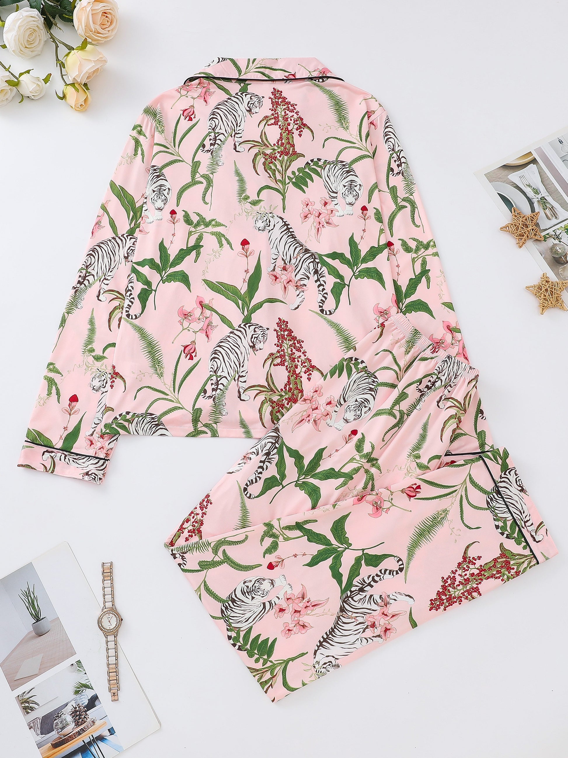 Silk‑touch modal short‑sleeve pajama top and elastic waist shorts with botanical print and contrast piping