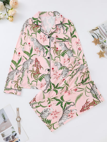 Silk‑touch modal short‑sleeve pajama top and elastic waist shorts with botanical print and contrast piping