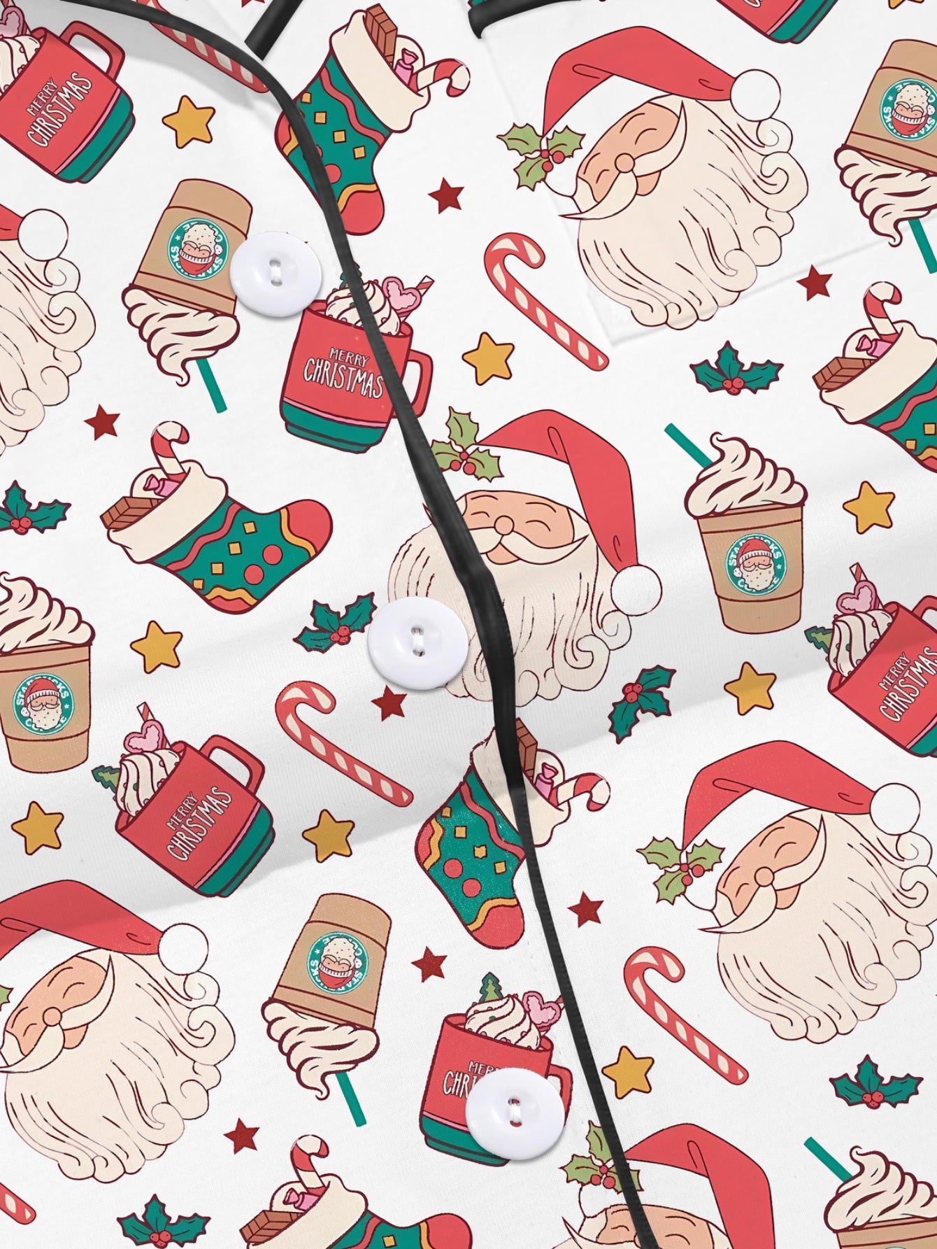 Cream modal pajama set with Santa faces and cocoa mugs print — short‑sleeve button top and elastic waist shorts with piping