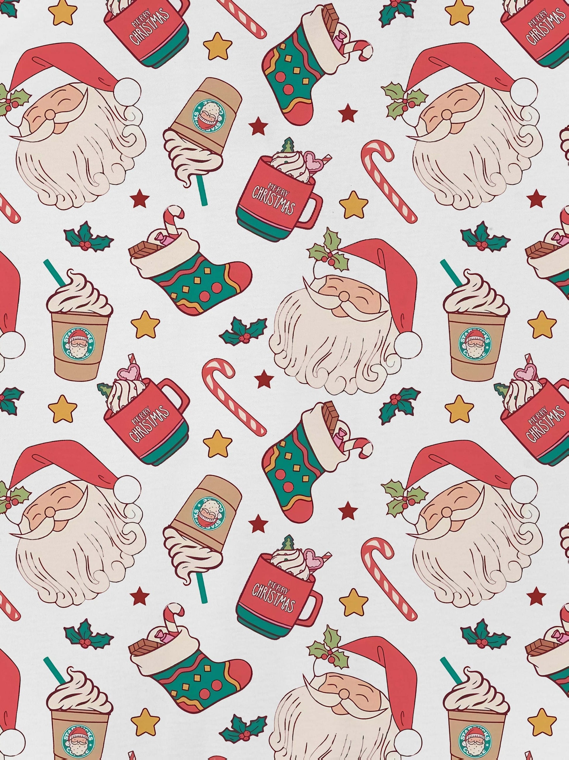 Cream modal pajama set with Santa faces and cocoa mugs print — short‑sleeve button top and elastic waist shorts with piping