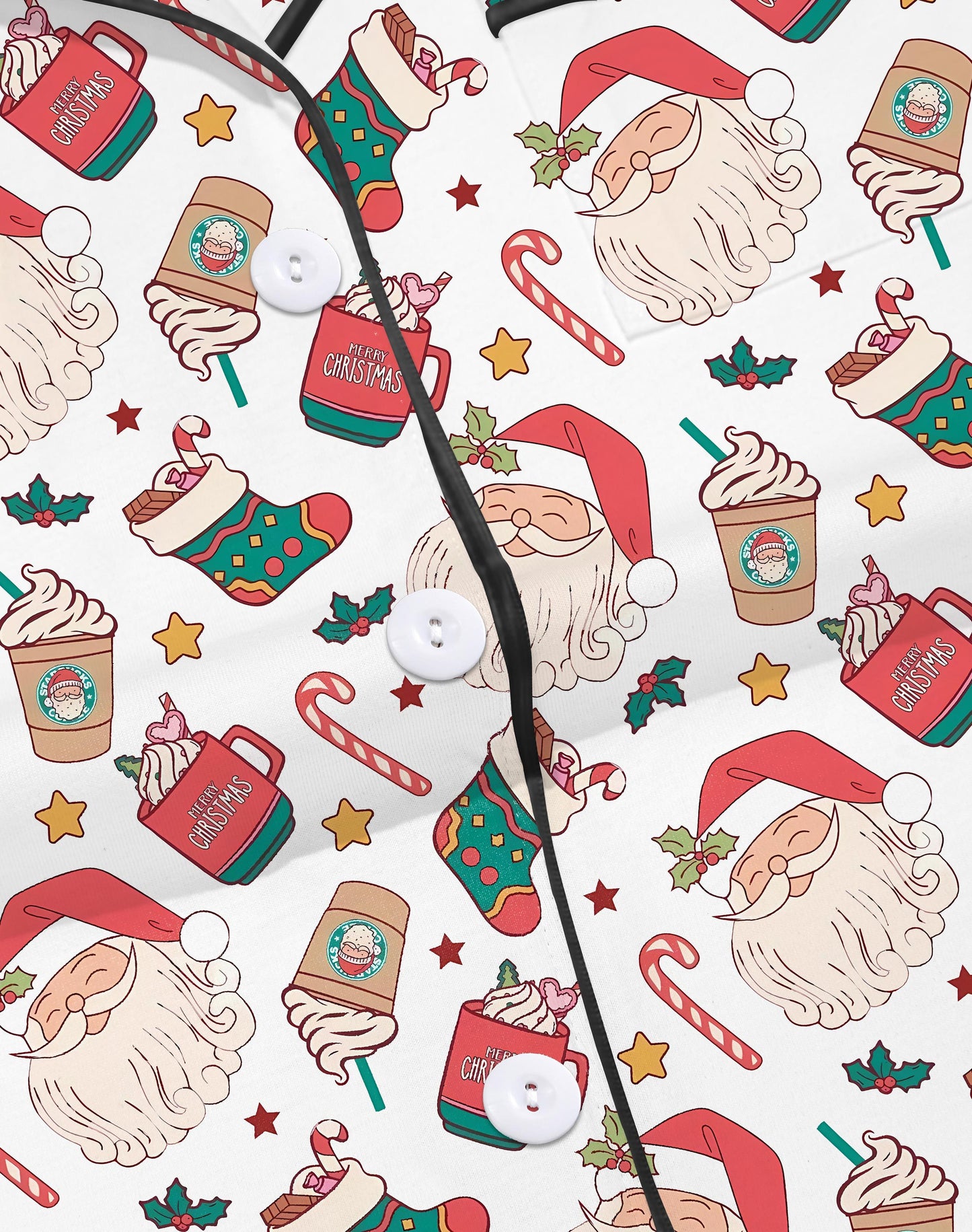 Cream modal pajama set with Santa faces and cocoa mugs print — short‑sleeve button top and elastic waist shorts with piping