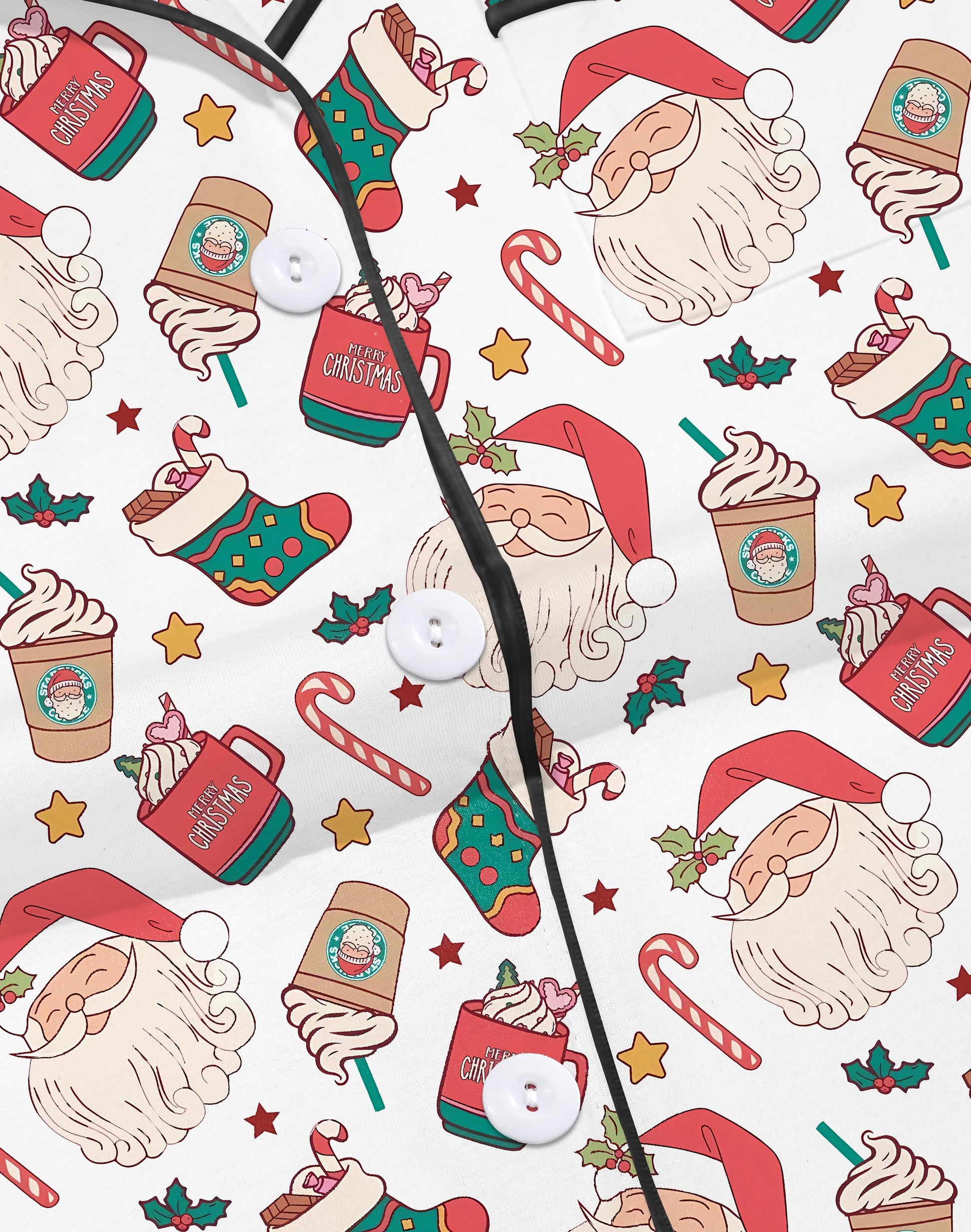 Cream modal pajama set with Santa faces and cocoa mugs print — short‑sleeve button top and elastic waist shorts with piping