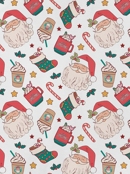 Cream modal pajama set with Santa faces and cocoa mugs print — short‑sleeve button top and elastic waist shorts with piping