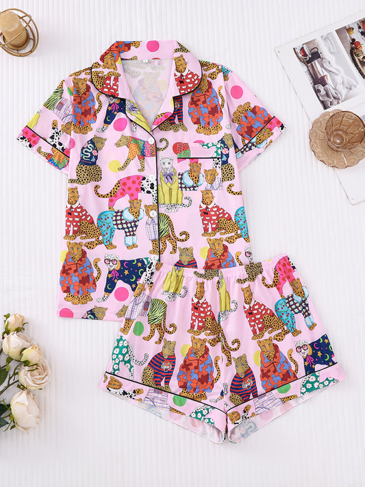 Silk‑touch modal short‑sleeve pajama top and elastic waist shorts with contrast piping and botanical print