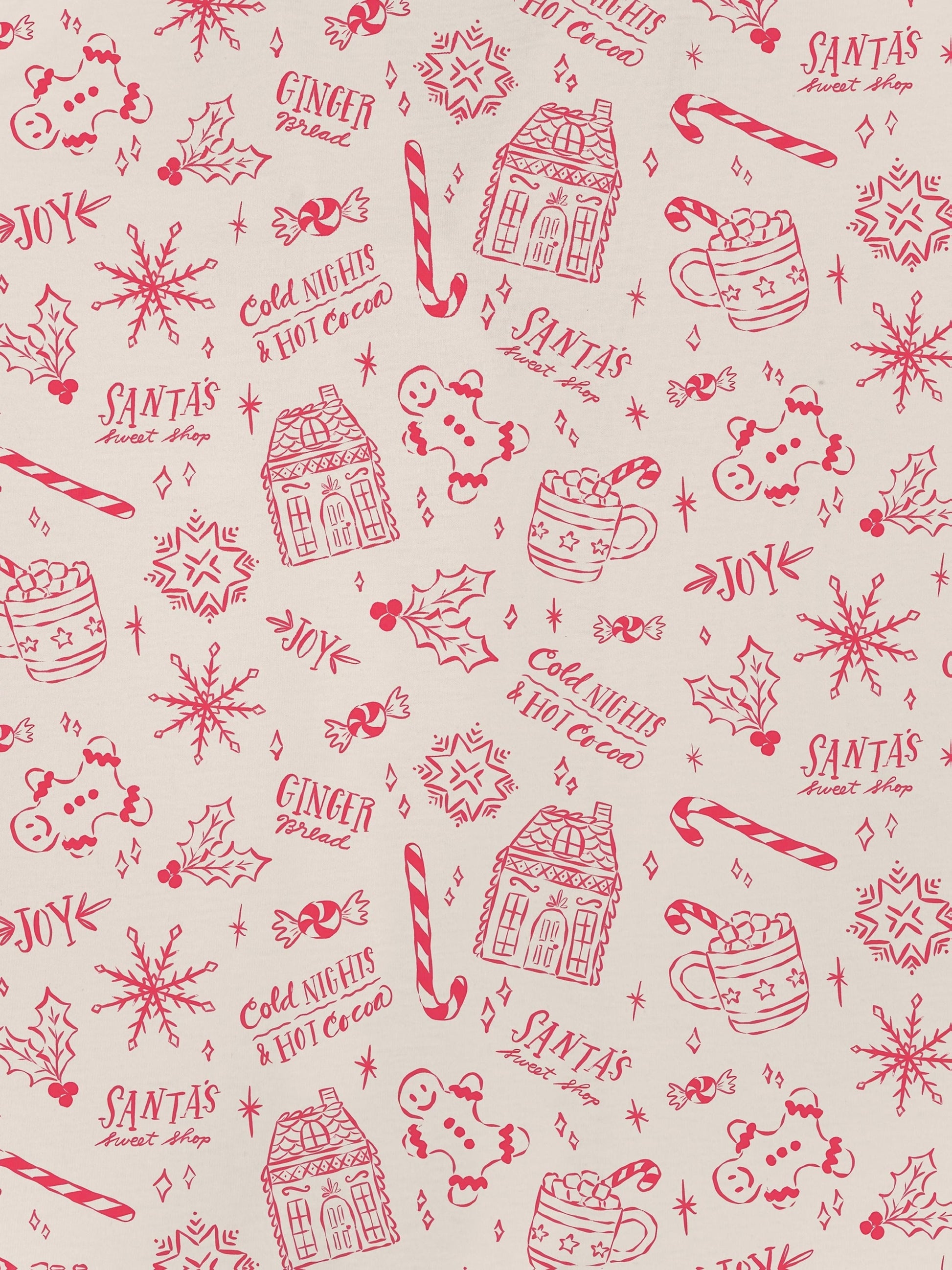 Cream short-sleeve women’s pajama set with red holiday sketch print of gingerbread houses, candy canes and cocoa mugs — short top and elastic waist shorts in 95% polyester 5% elastane