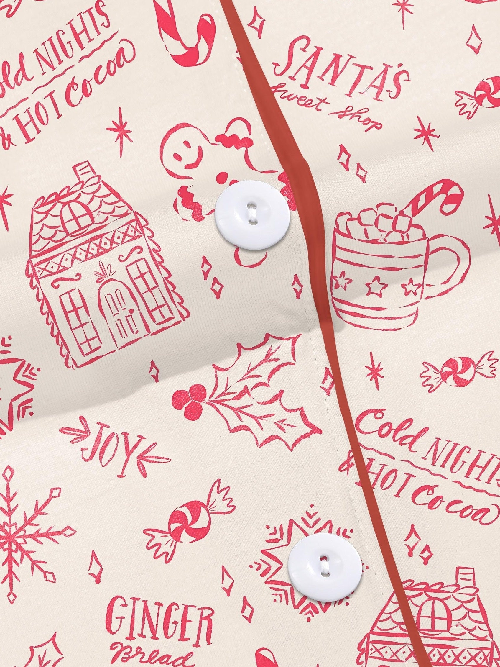 Cream short-sleeve women’s pajama set with red holiday sketch print of gingerbread houses, candy canes and cocoa mugs — short top and elastic waist shorts in 95% polyester 5% elastane