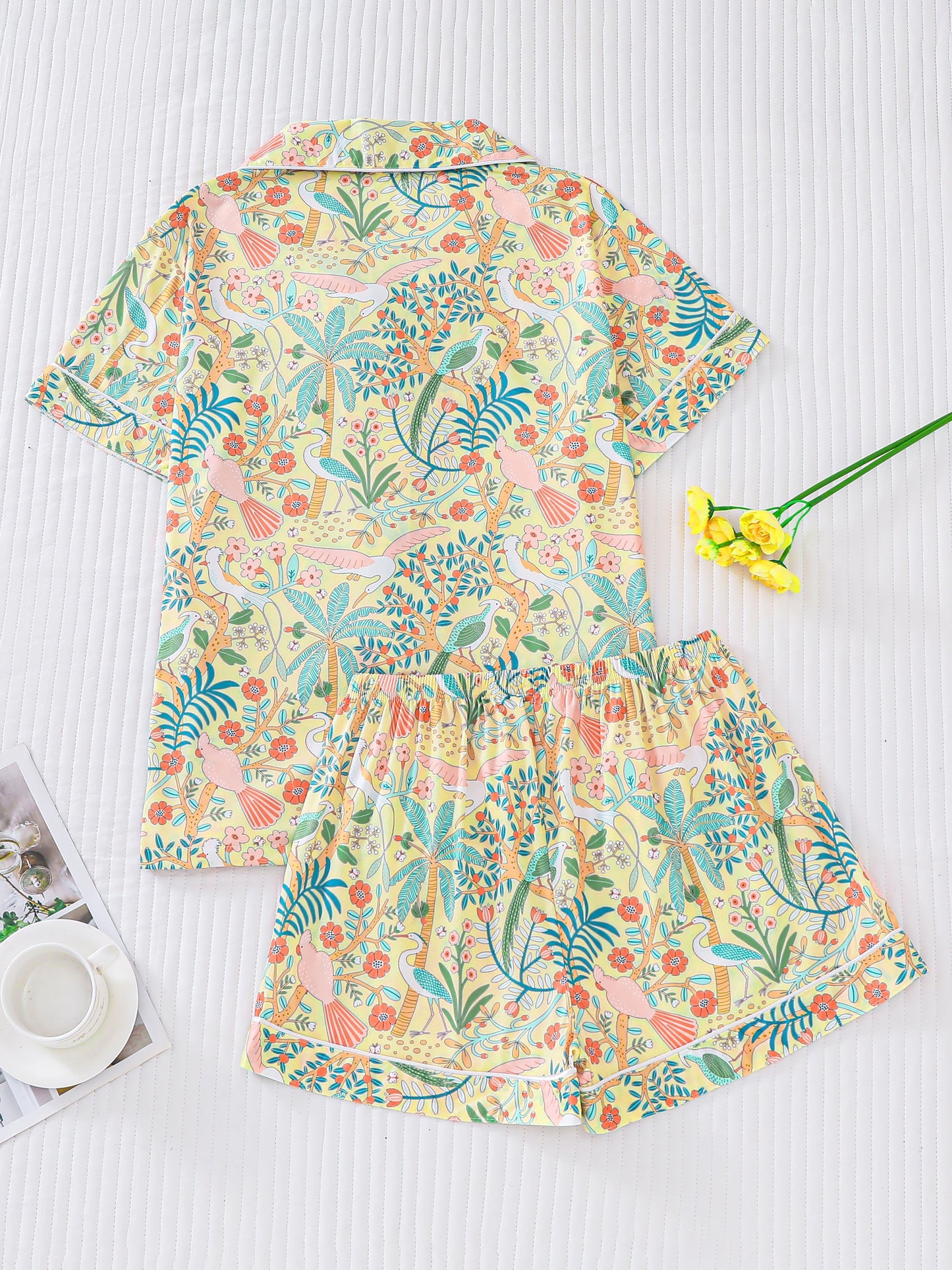 Tropical bird print satin-look short sleeve pajama set with piped trim, chest pocket and elastic waist shorts in silky stretch fabric — 95% Polyester 5% Elastane