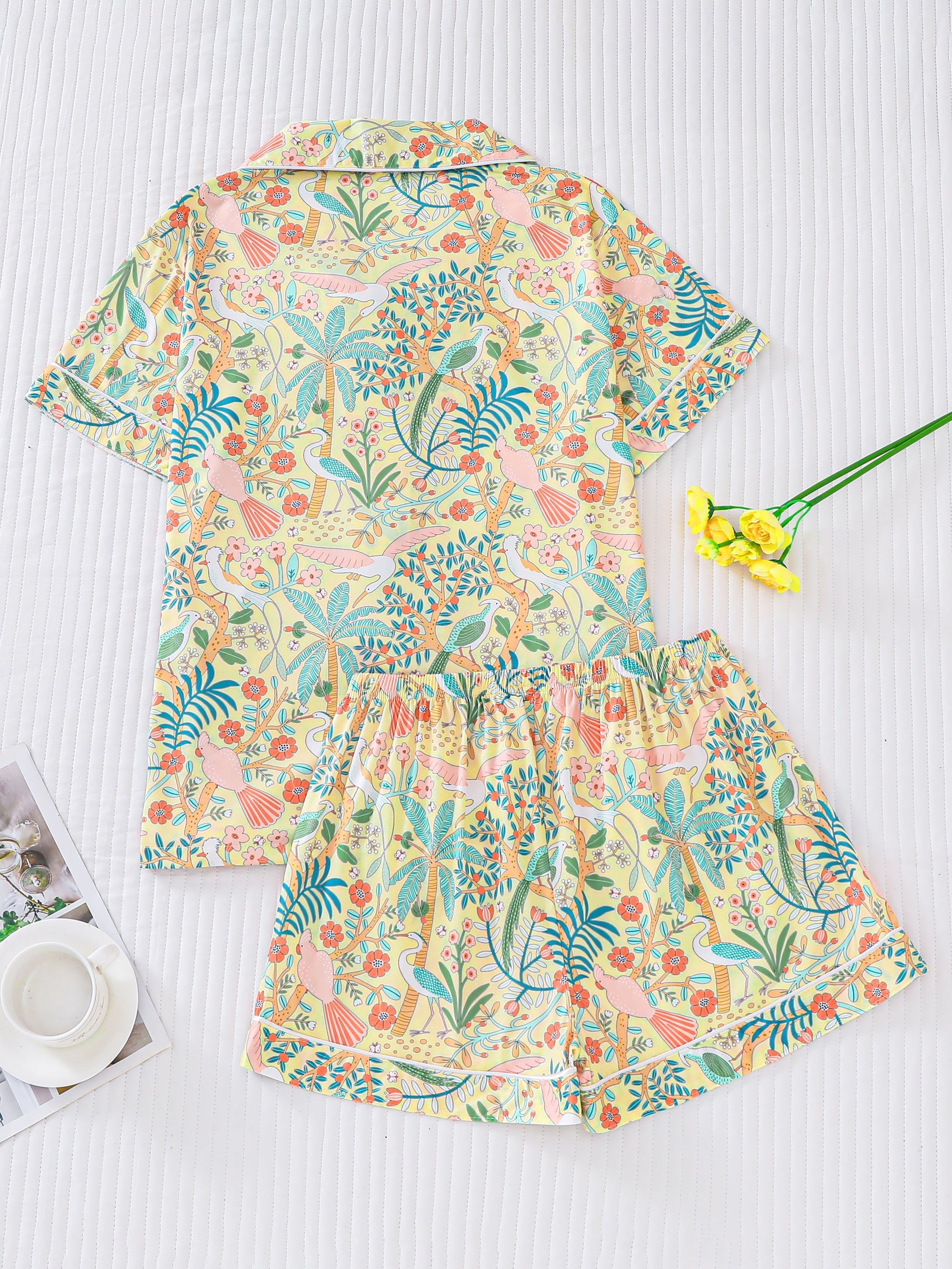 Tropical bird print satin-look short sleeve pajama set with piped trim, chest pocket and elastic waist shorts in silky stretch fabric — 95% Polyester 5% Elastane