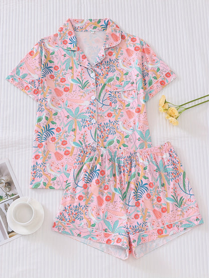 Tropical bird print satin-look short sleeve pajama set with piped trim, chest pocket and elastic waist shorts in silky stretch fabric — 95% Polyester 5% Elastane