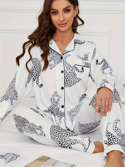 Turquoise satin-look pajama set with black-and-white panther print — long-sleeve button-up top with chest pocket and elastic waist pants, 95% Polyester/5% Elastane