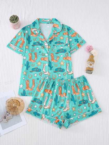 Turquoise satin-look pajama set with western boot and horseshoe print — short-sleeve button-up top with chest pocket and elastic waist shorts, 95% Polyester/5% Elastane