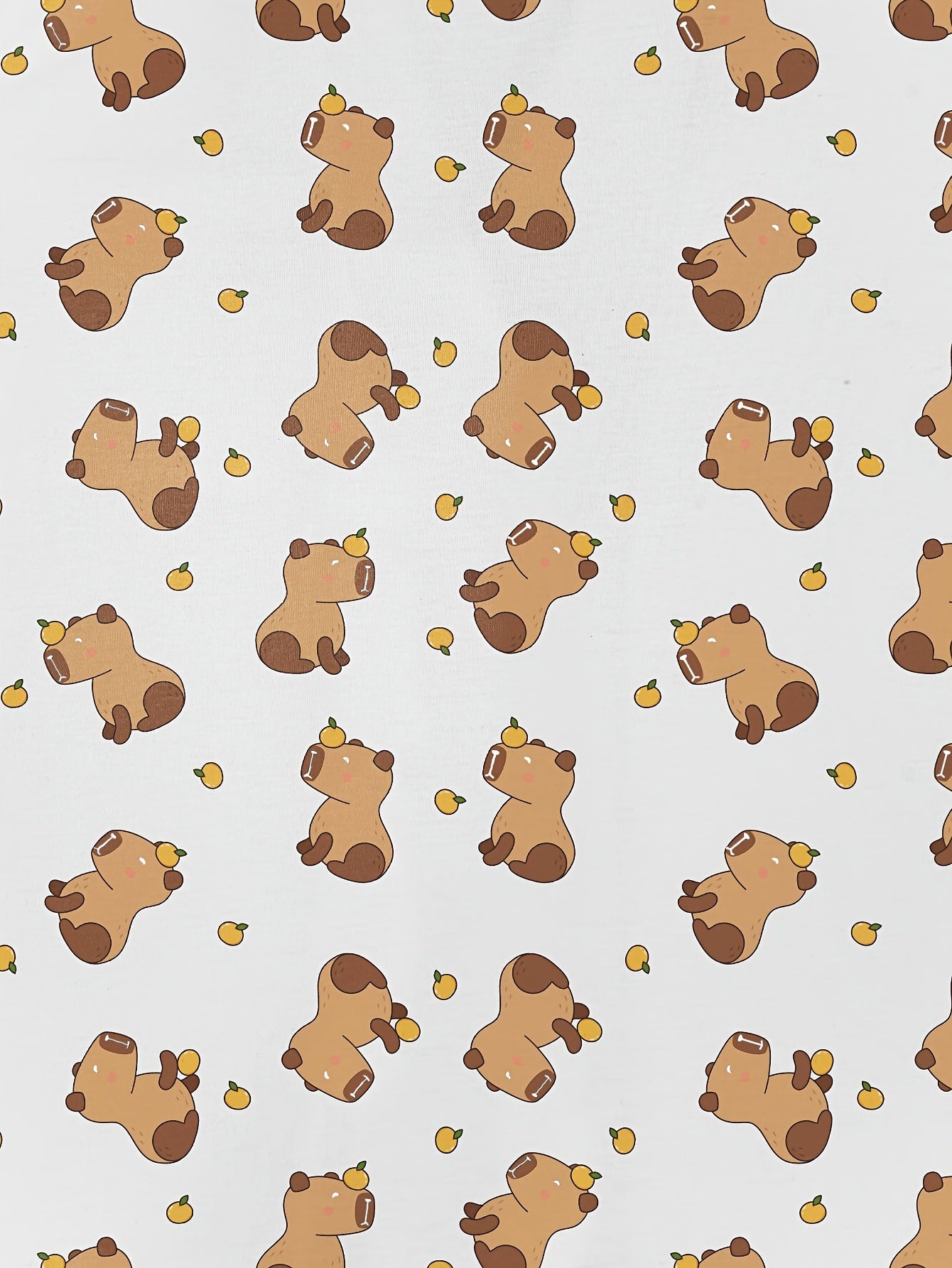 White short-sleeve pajama set with brown bear and yellow pear print — button-up top and elastic waist shorts with black piping