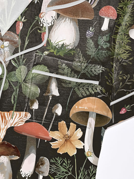 Dark charcoal mushroom watercolor print modal pajama set — short‑sleeve button top and elastic waist shorts with piping