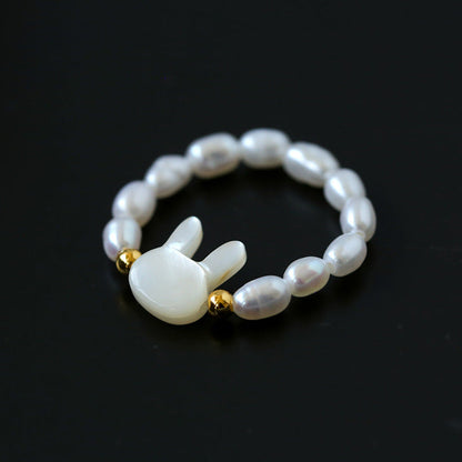 Cute Rabbit Cat Pearl Black Spinel Stretch Ring Rings from SHOPQAQ