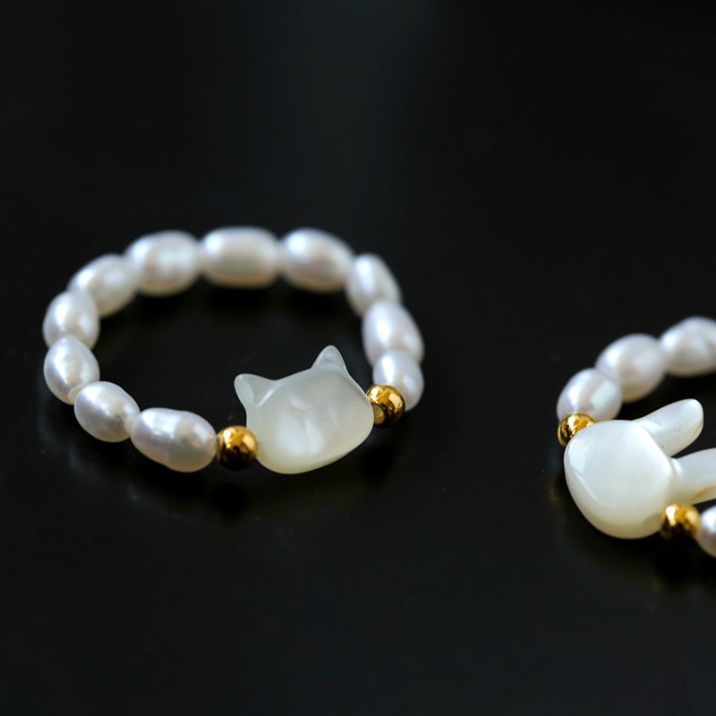 Cute Rabbit Cat Pearl Black Spinel Stretch Ring Rings from SHOPQAQ