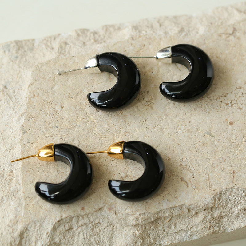 925 Silver Black Agate Moon Earrings | earrings | 7new, 925earrings, _badge_s925, _bagde_new, black agate, earrings, natural stone, s925 | SHOPQAQ
