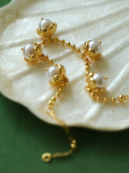 5 Flower Stamen Pearl Bracelet | Bracelets | 18k, 18K gold plated, 9new, _badge_new, Bracelet, gold bracelet, imported artificial pearl, Pearl Bracelet | SHOPQAQ