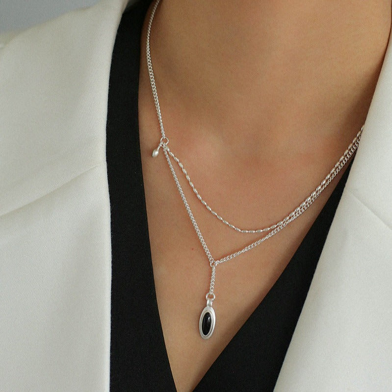 925 Silver Oval Black Agate Double Layer Necklace | necklaces | 6new, 925necklace, _badge_s925, chain necklace, natural stone, necklace, pendant necklace, s925, sale | SHOPQAQ