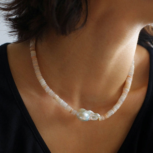 Baroque Pearl Blush Beaded Collar Necklace | necklaces | 7new, _badge_new, baroque pearl, colorful, natural stone, necklace, pear necklace, pearl | SHOPQAQ