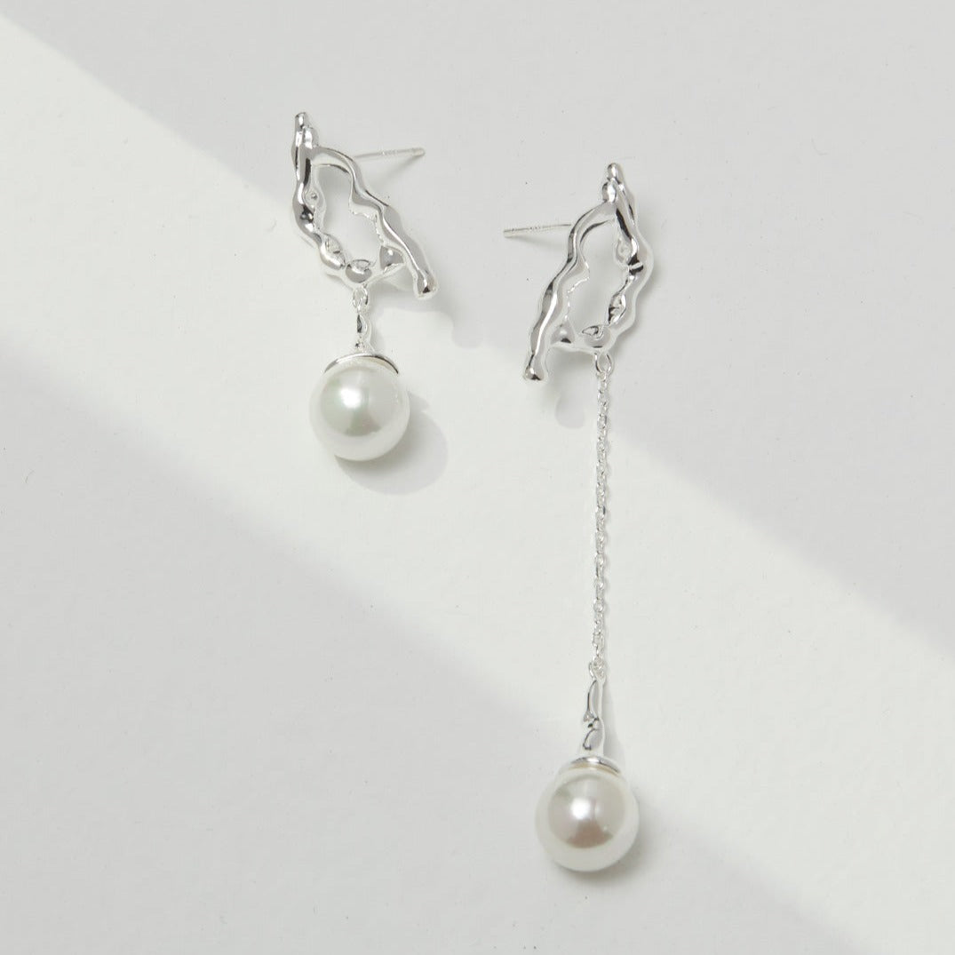 10MM Round Pearl Asymmetric Long Earrings | earrings | 925earrings, _badge_S925, earrings, natural pearl, Pearl, Pearl Earrings, s925, simsmore | SHOPQAQ