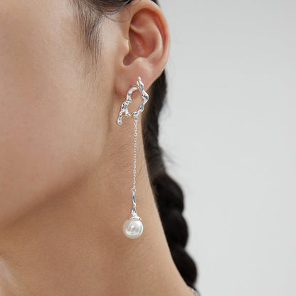 10MM Round Pearl Asymmetric Long Earrings | earrings | 925earrings, _badge_S925, earrings, natural pearl, Pearl, Pearl Earrings, s925, simsmore | SHOPQAQ